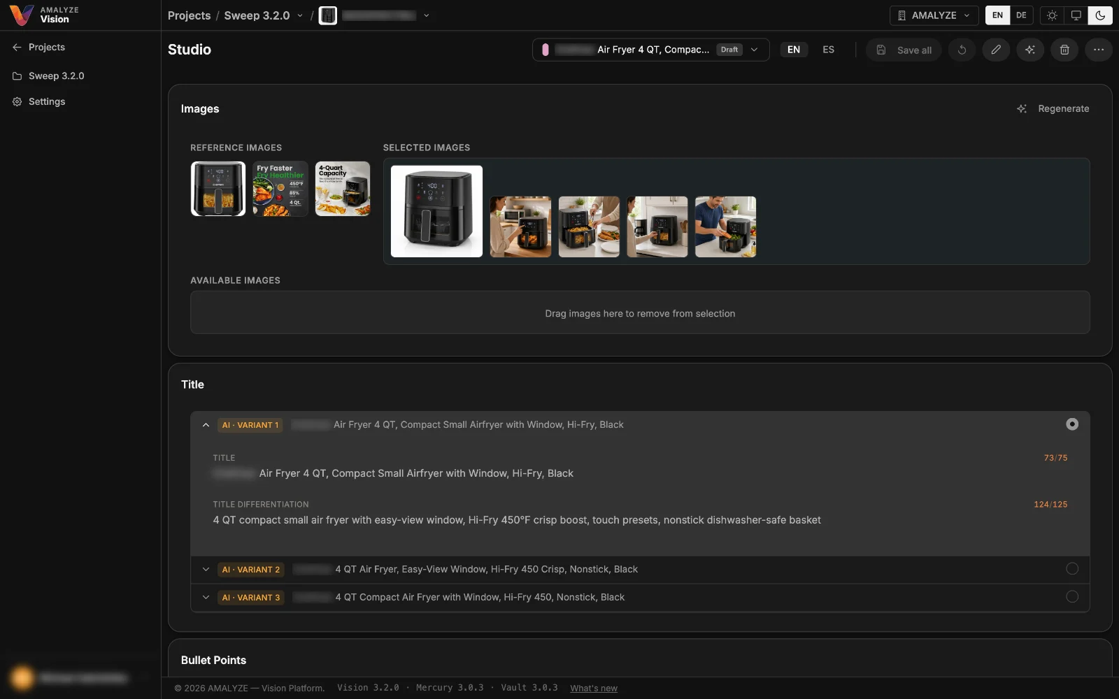 Vision Listing Studio workspace showing an imported Amazon listing