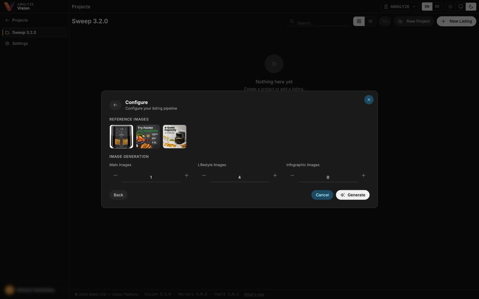 Image generation settings for main, lifestyle and infographic images