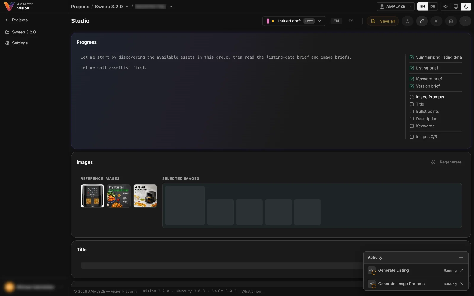 Live AI generation of title, bullet points and description