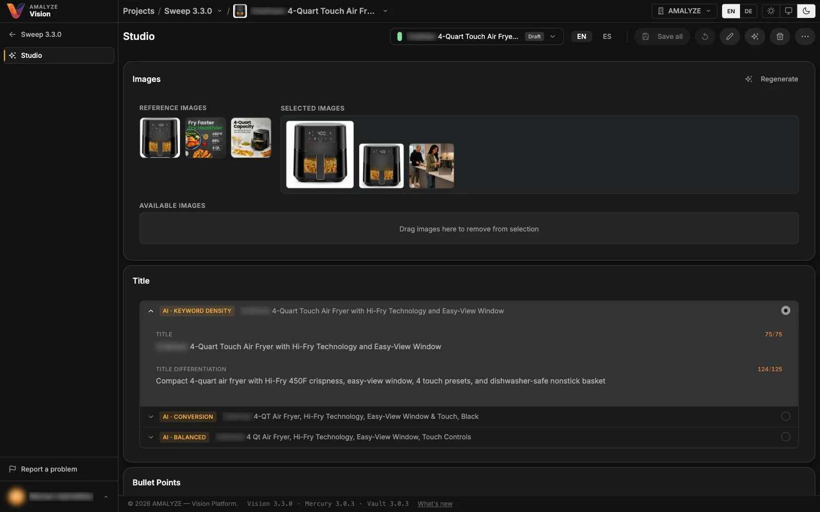 Vision Listing Studio workspace showing an imported Amazon listing