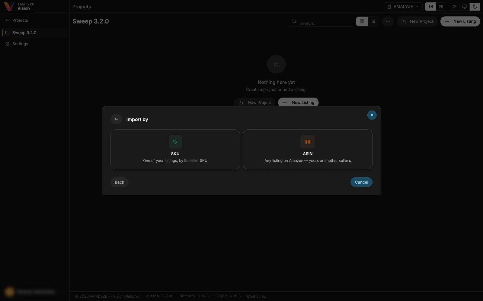 Vision import step: choosing whether to import an Amazon listing by SKU or by ASIN