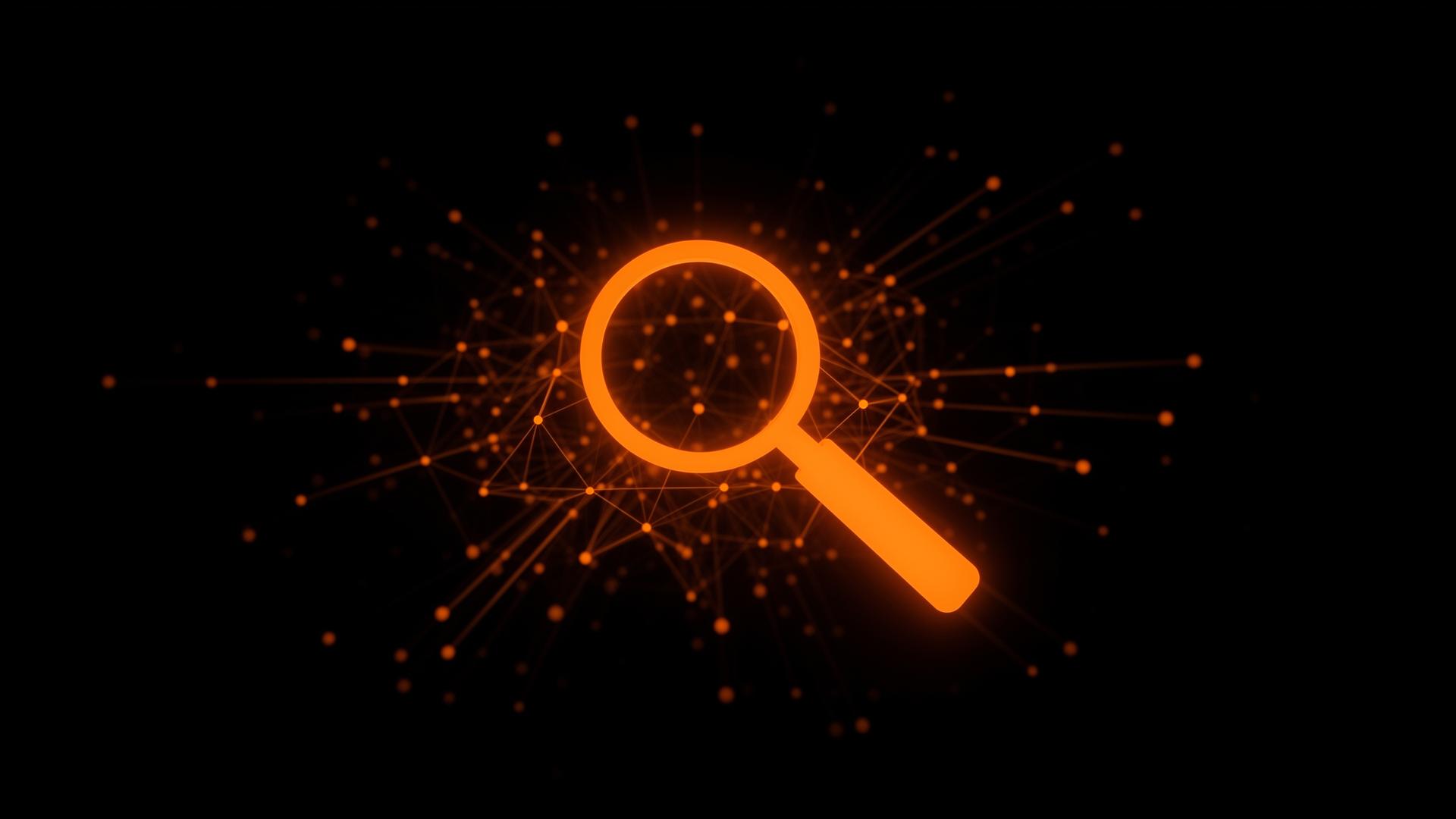Glowing orange magnifying glass over an abstract network of small orange data points and connecting lines on a black background