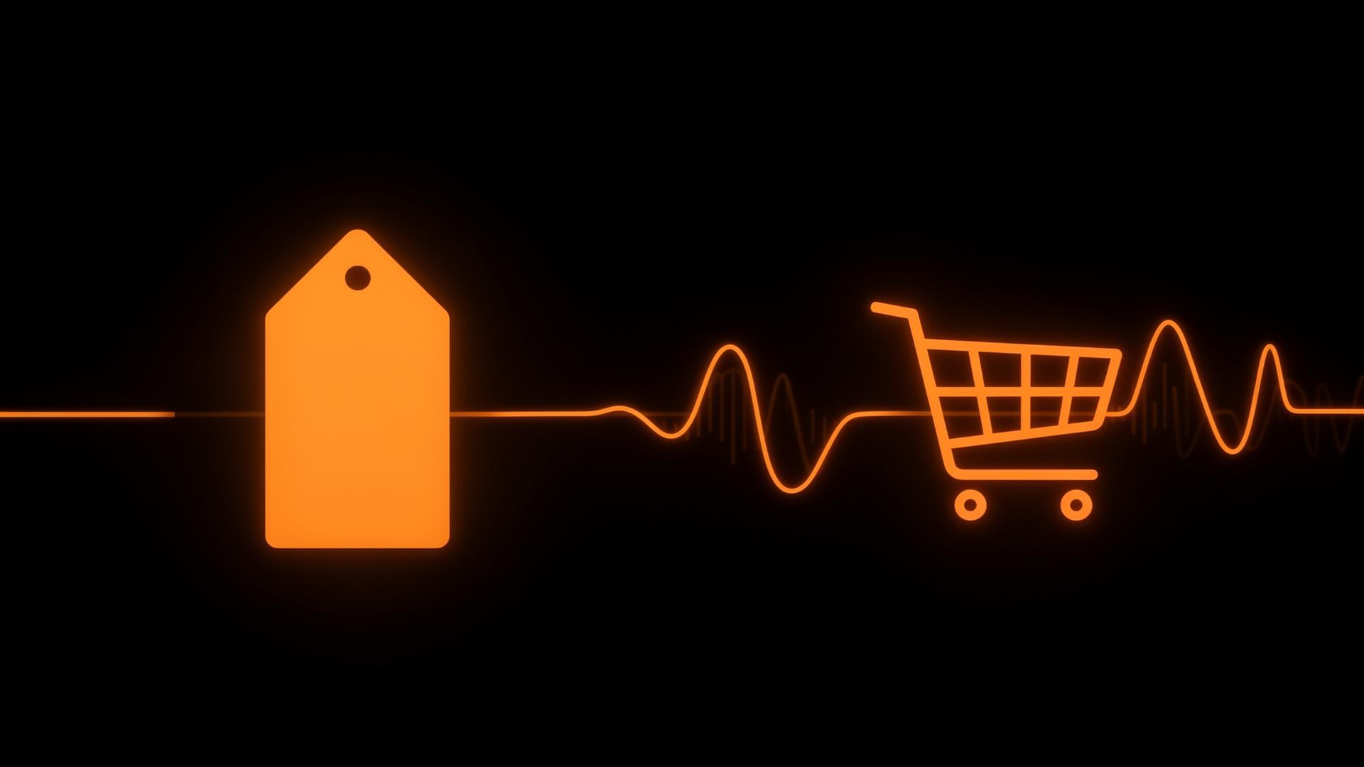Glowing orange price tag and shopping cart icons connected by a fluctuating orange data line on a black background