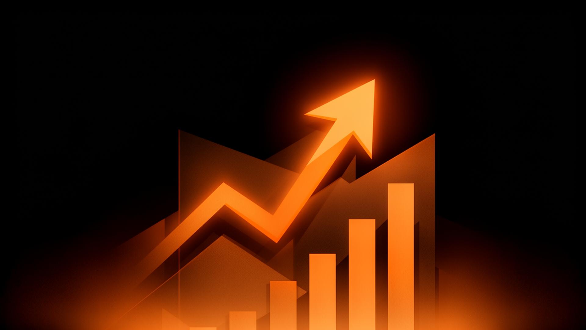 AMALYZE Amazon Marketing course — abstract orange arrow rising over bar charts on a black background.