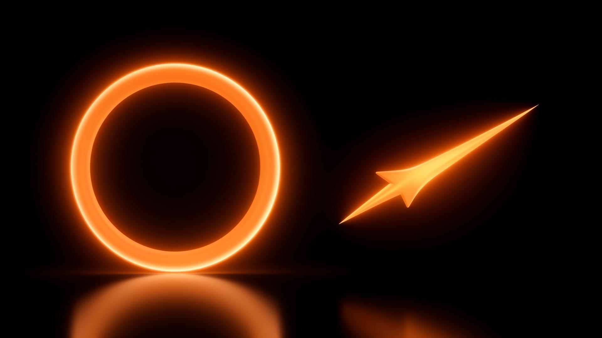 Ein leuchtender orangefarbener Ring, der sich links nach außen öffnet, und ein scharfer, fokussierter orangefarbener Pfeilstrahl rechts auf reinschwarzem Hintergrund — Metapher für breite Reichweite vs. präzises Retargeting.