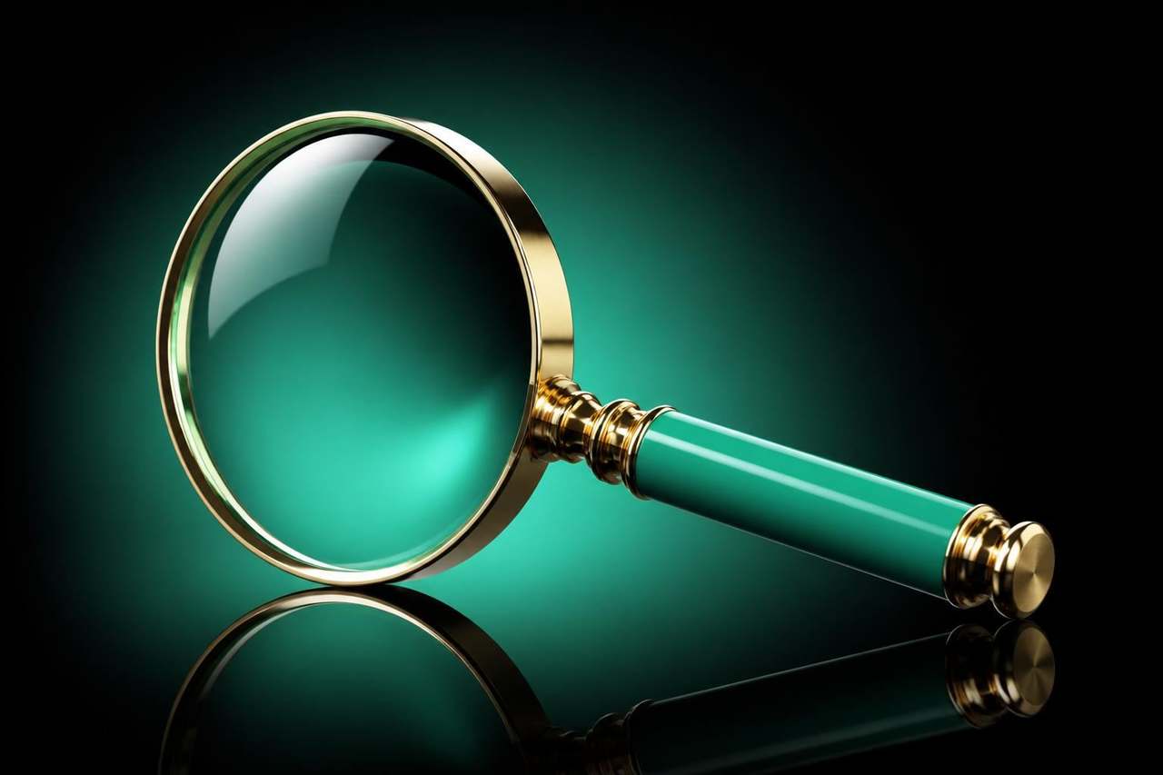 Übergroße glänzende mint-türkisfarbene Lupenlupe mit gebürstetem Messingrand und -griff auf einem unsichtbaren glänzenden schwarzen Spiegelboden mit klarer Reflexion — Icon für das Auditieren und Vergleichen von Amazon-AI-Listing-Optimierungs-Tools.