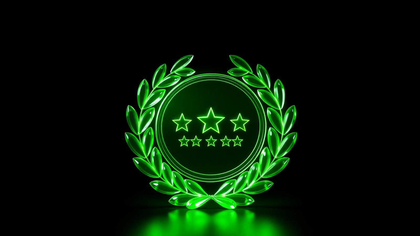Sculptural 3D emerald-green laurel wreath encircling a glowing five-star badge on a black background — metaphor for the Amazon Vine review programme.
