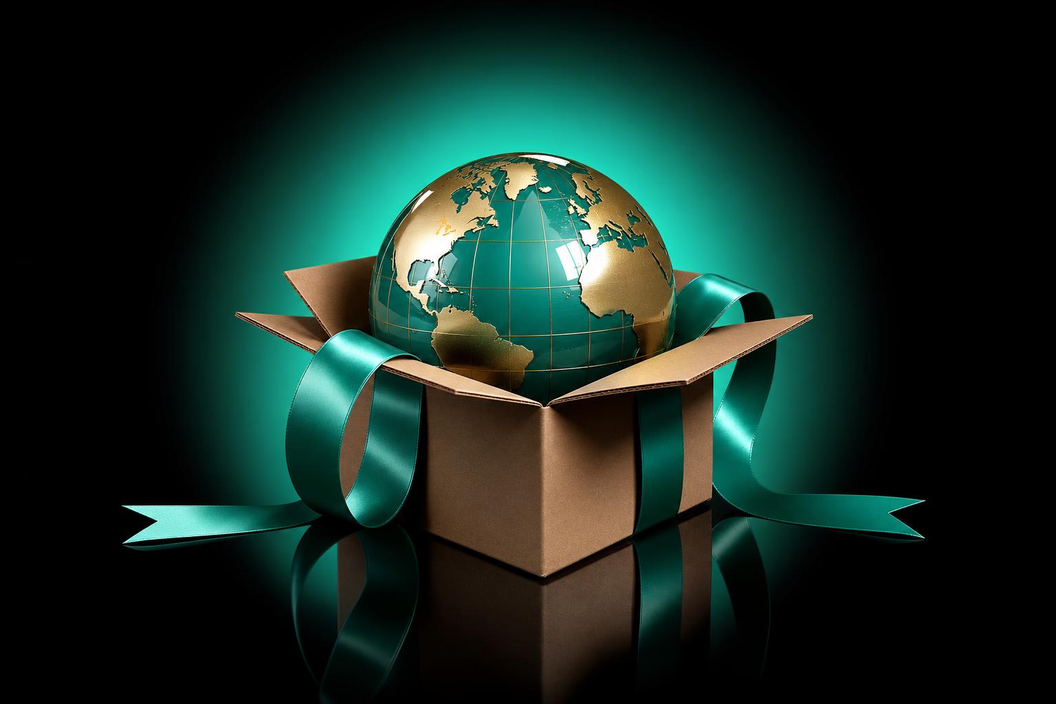 Green wireframe globe filled with shelves of product boxes, with an orange AMALYZE pill in the foreground.