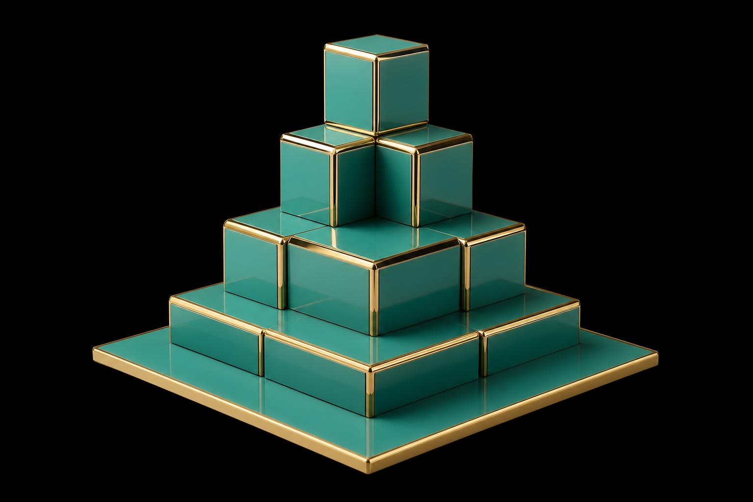 Stacked architectural green-lacquered blocks with brass edges forming a stepped pyramid — modular A+ content blocks, assembled.