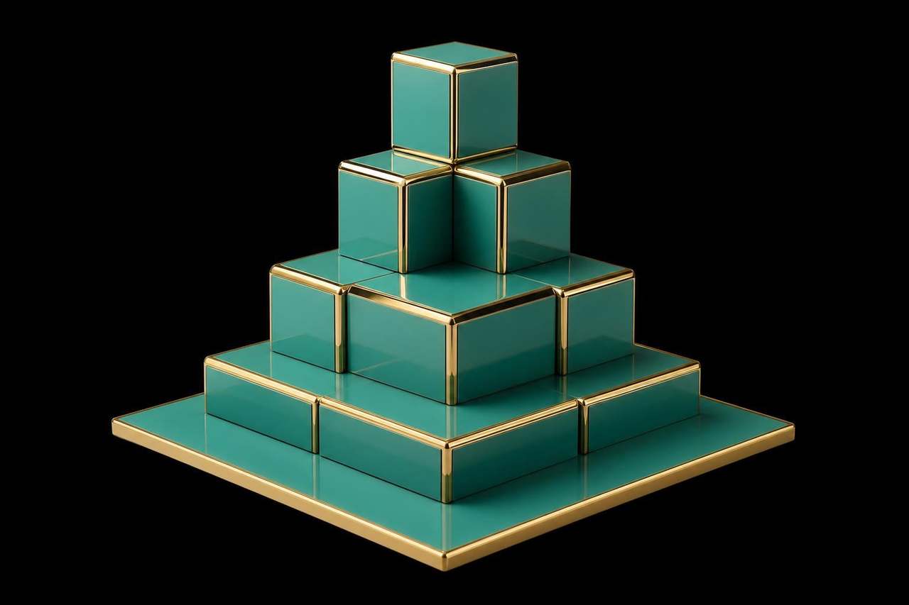 Stacked architectural green-lacquered blocks with brass edges forming a stepped pyramid — modular A+ content blocks, assembled.