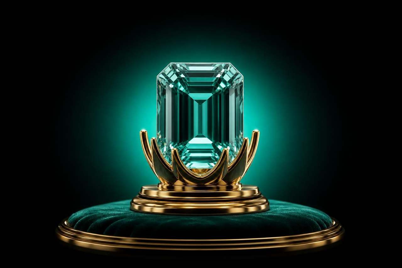 Faceted green emerald gem on a brass crown-shaped pedestal sitting on green velvet — the premium tier of A+ content, as a jewel.