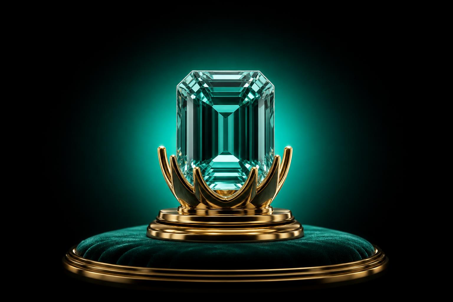 Faceted green emerald gem on a brass crown-shaped pedestal sitting on green velvet — the premium tier of A+ content, as a jewel.