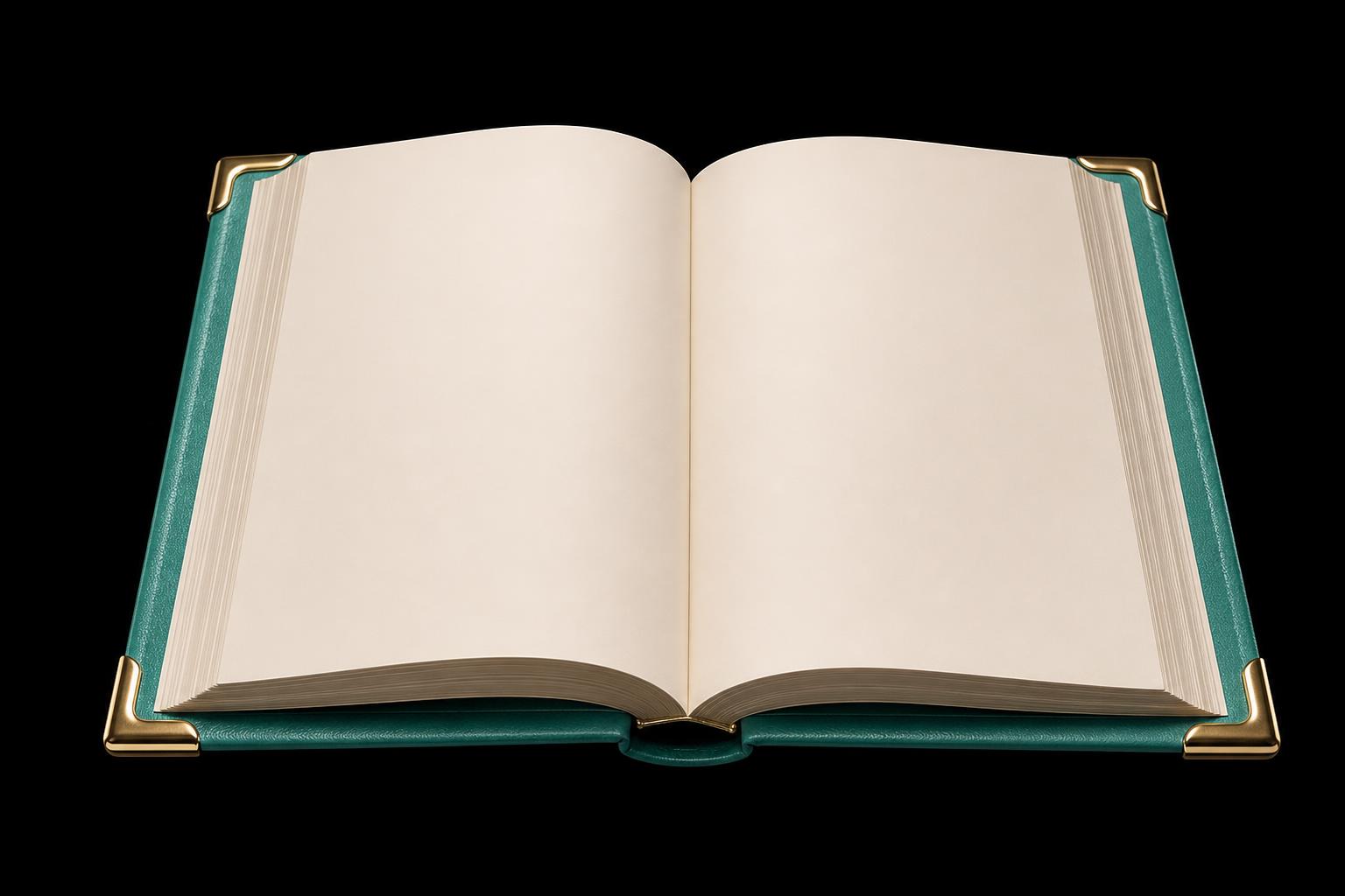 Open green leather-bound book with brass corner protectors on pure black — the Brand Story, opened like a chapter.