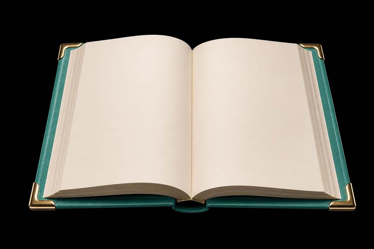 Open green leather-bound book with brass corner protectors on pure black — the Brand Story, opened like a chapter.