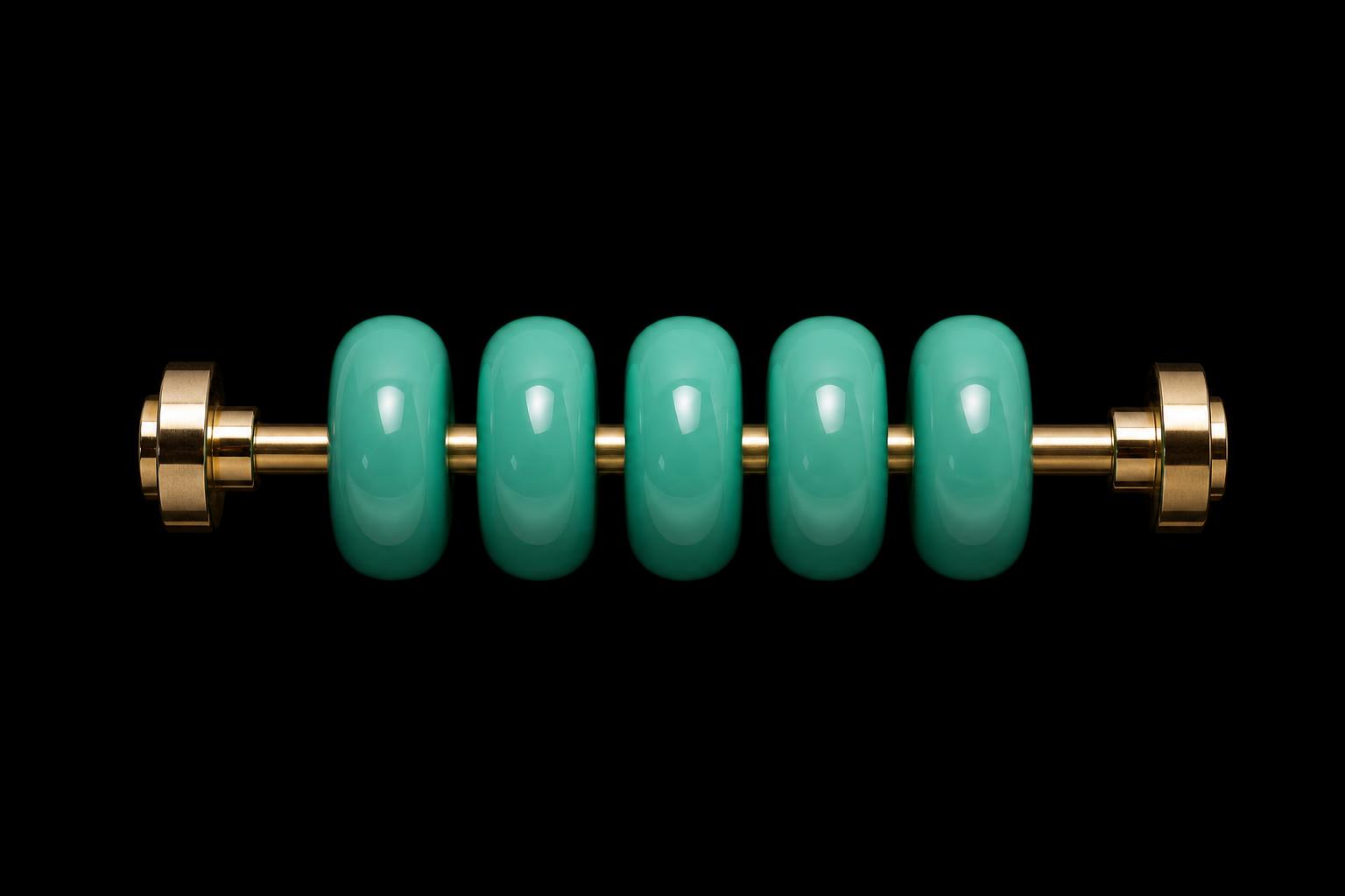 A row of five large polished green beads aligned on a brass rail like an abacus — the five bullet-point slots, equal weight, ordered left-to-right.