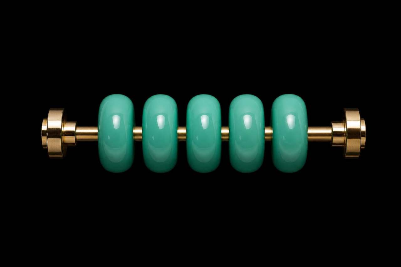 A row of five large polished green beads aligned on a brass rail like an abacus — the five bullet-point slots, equal weight, ordered left-to-right.