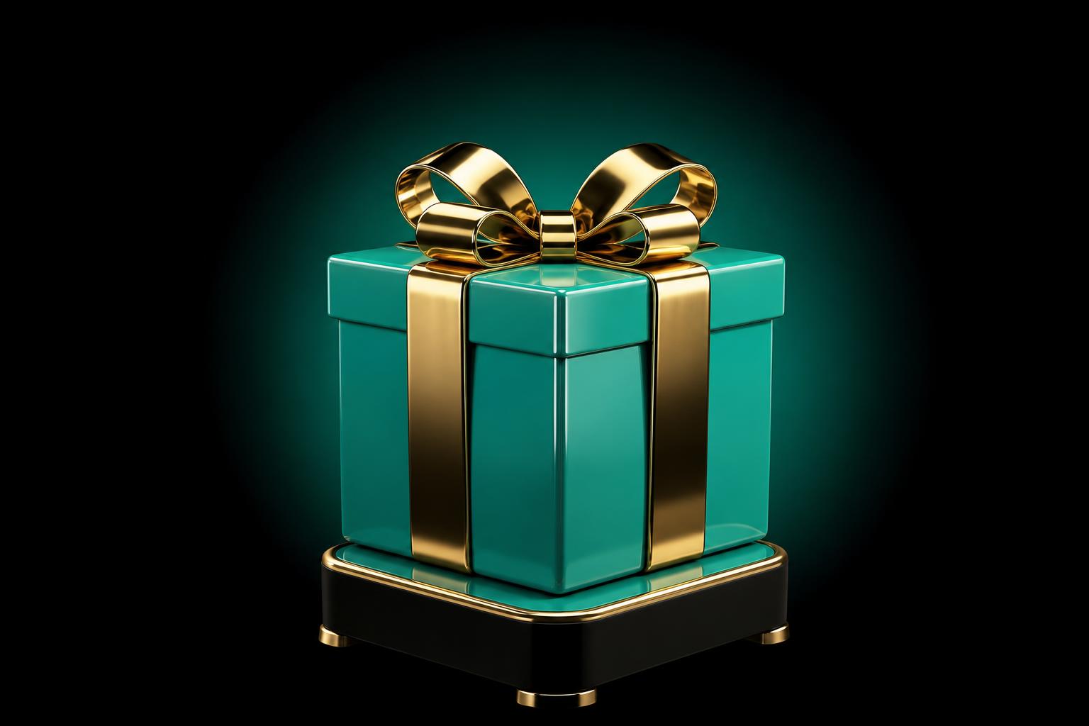 Polished green lacquered gift box with a glossy brass ribbon on a small pedestal on pure black — the Buy Box, treated as a prize.