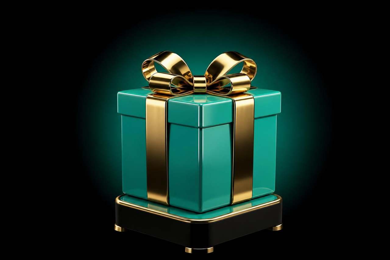 Polished green lacquered gift box with a glossy brass ribbon on a small pedestal on pure black — the Buy Box, treated as a prize.