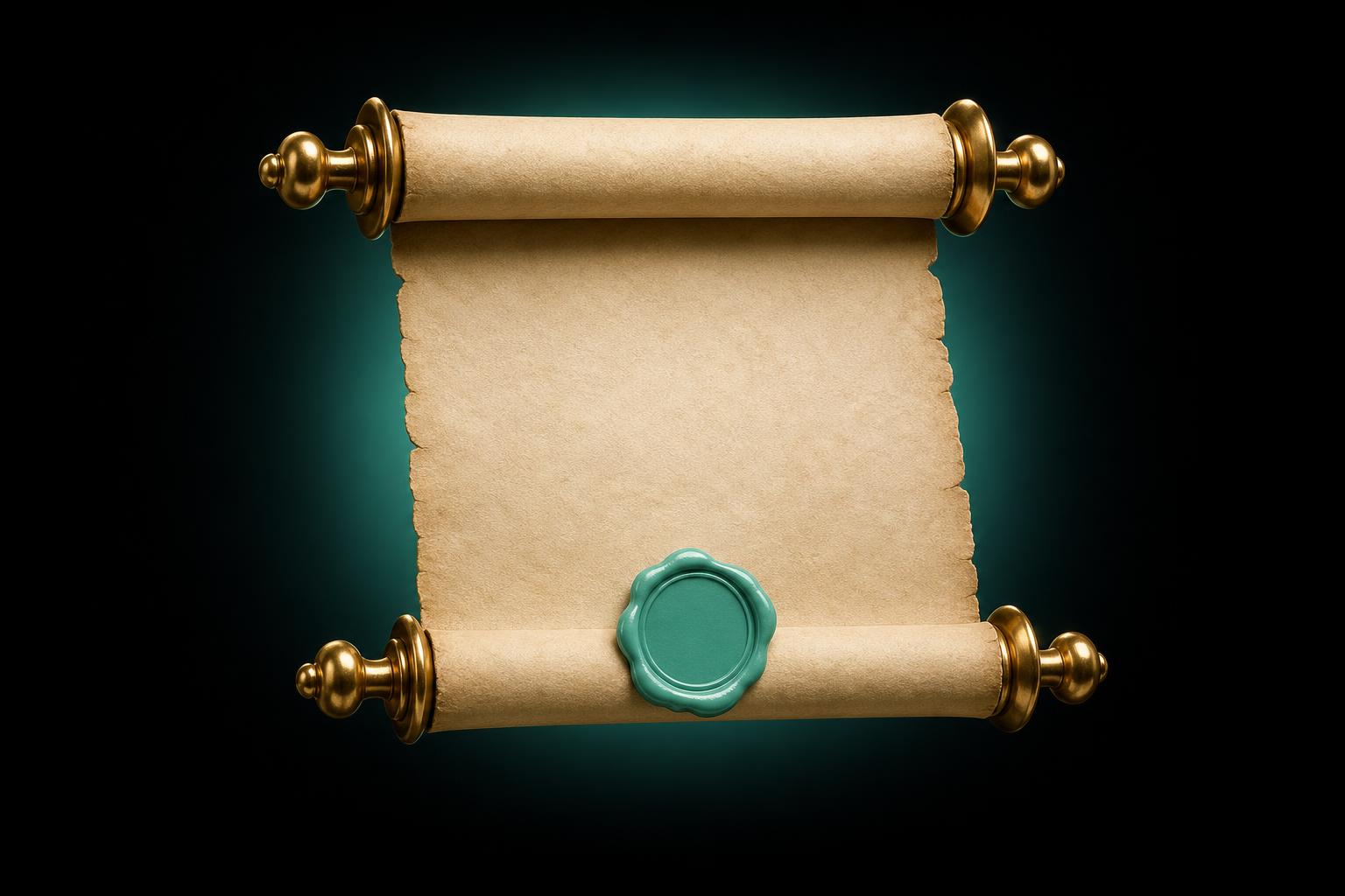 Unrolled parchment scroll with brass scroll-rods and a glossy green wax seal on pure black — the description field, treated with old-world craft.