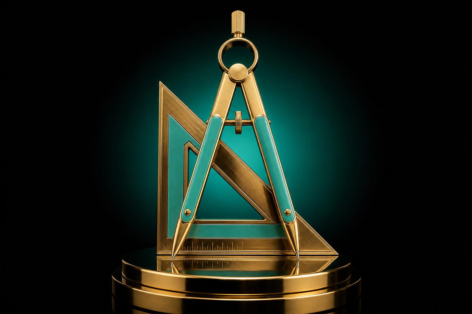 Green polished compass and set-square crossed on a brass pedestal — the architect's tools, used as a metaphor for designing the product detail page.