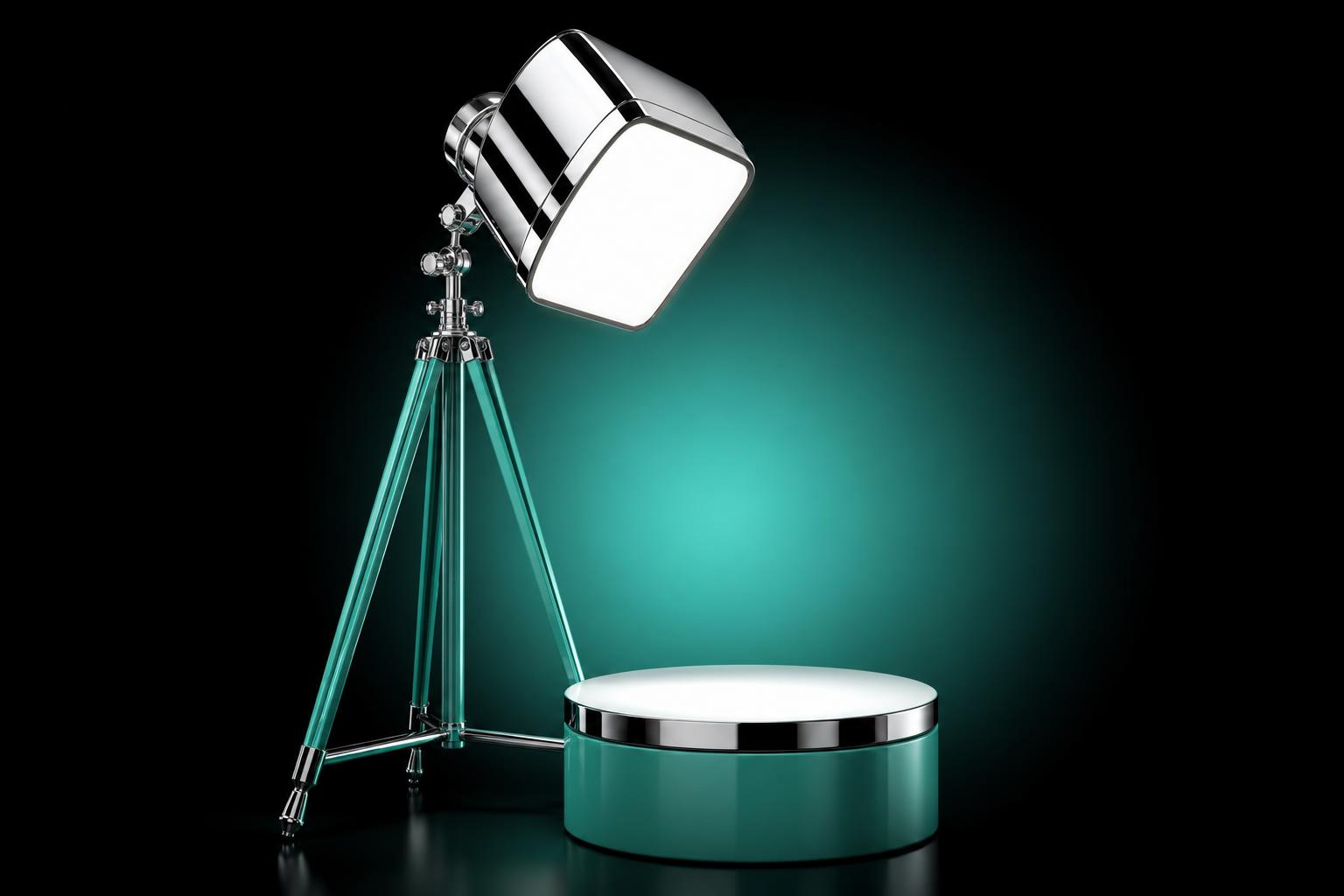 Polished chrome studio softbox on a green lacquered tripod illuminating an empty pedestal — the studio set, as a metaphor for the main-image discipline.