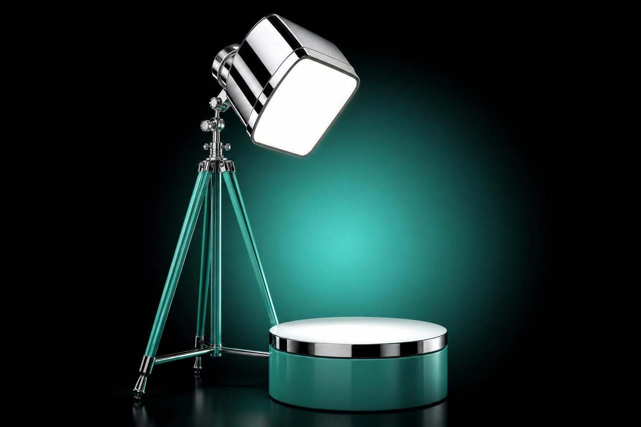 Polished chrome studio softbox on a green lacquered tripod illuminating an empty pedestal — the studio set, as a metaphor for the main-image discipline.