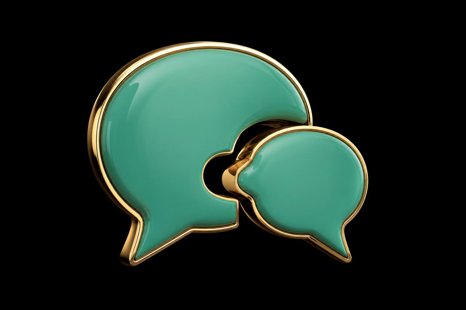 Two interlocking green lacquered speech bubbles with brass rims on pure black — question and answer, paired.