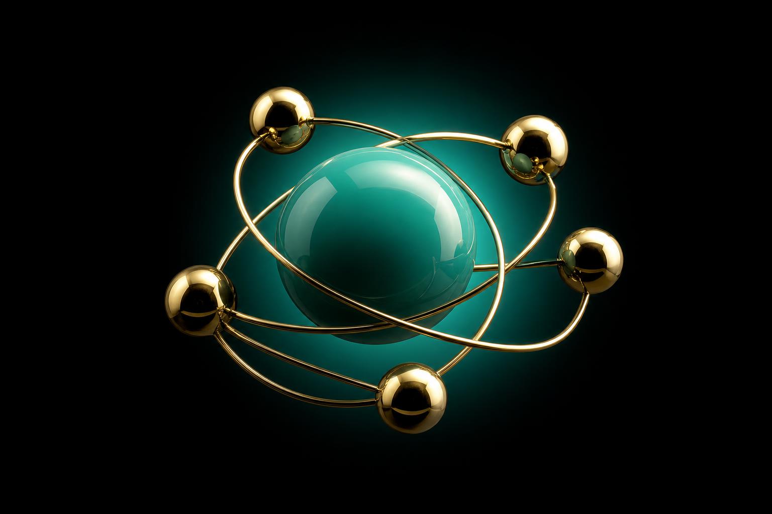 Central polished green sphere with five smaller brass spheres orbiting on thin arced rails — the PDP carousel ecosystem, as a planetary model.