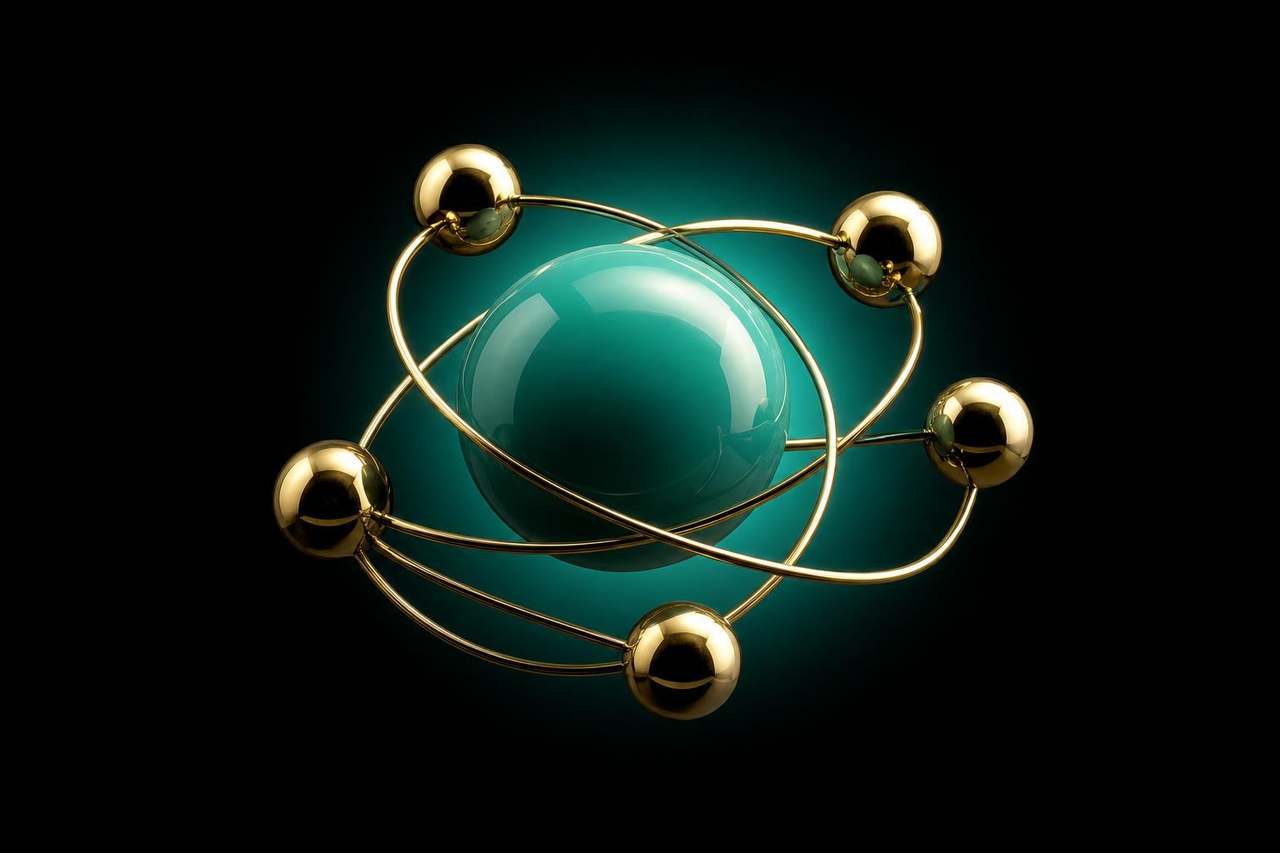 Central polished green sphere with five smaller brass spheres orbiting on thin arced rails — the PDP carousel ecosystem, as a planetary model.