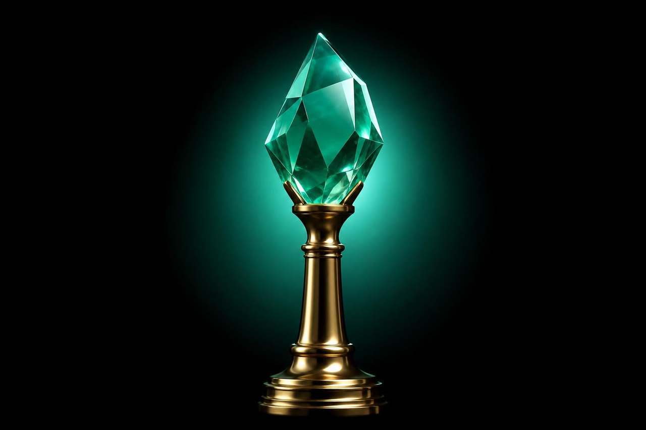 Faceted green crystal gem mounted on a tall brass pedestal — the review block, treated like a precious stone.