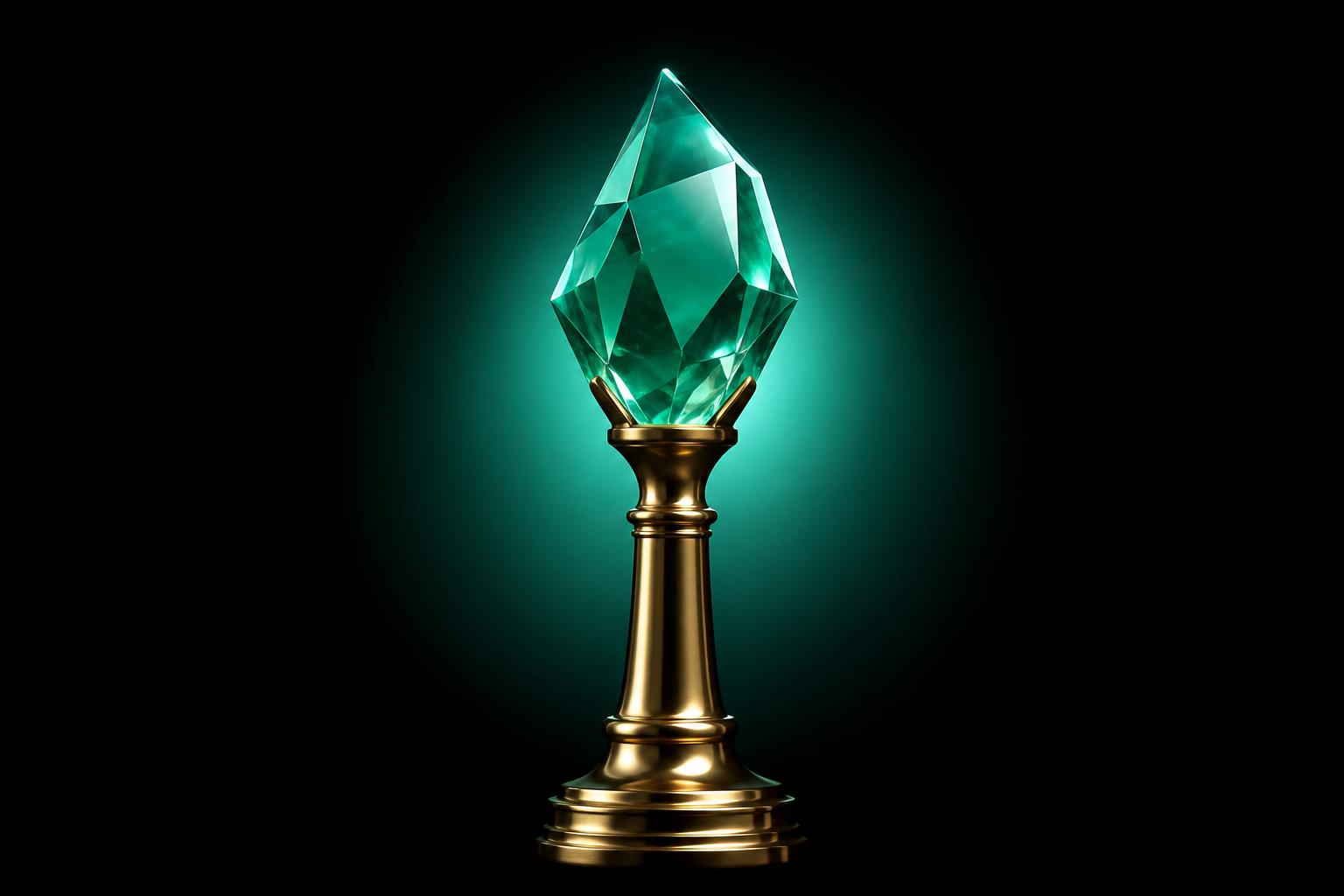 Faceted green crystal gem mounted on a tall brass pedestal — the review block, treated like a precious stone.