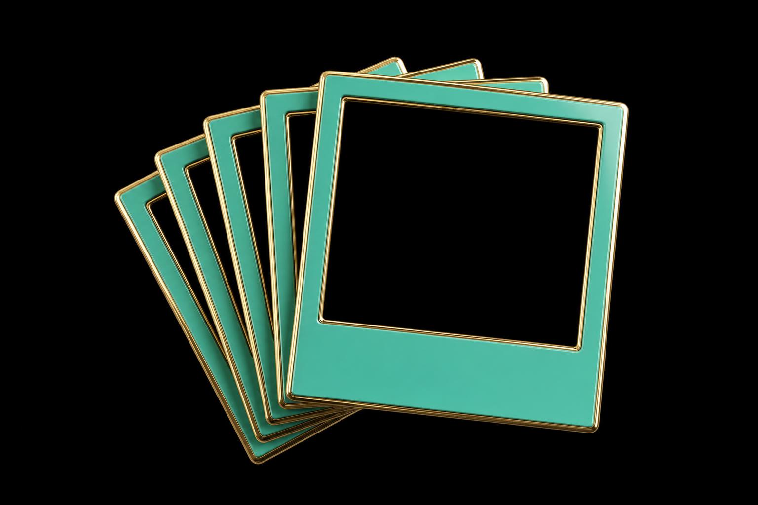 Fanned stack of blank green polaroid-style frames with brass edges on pure black — secondary image slots, untouched and ready to be shot.