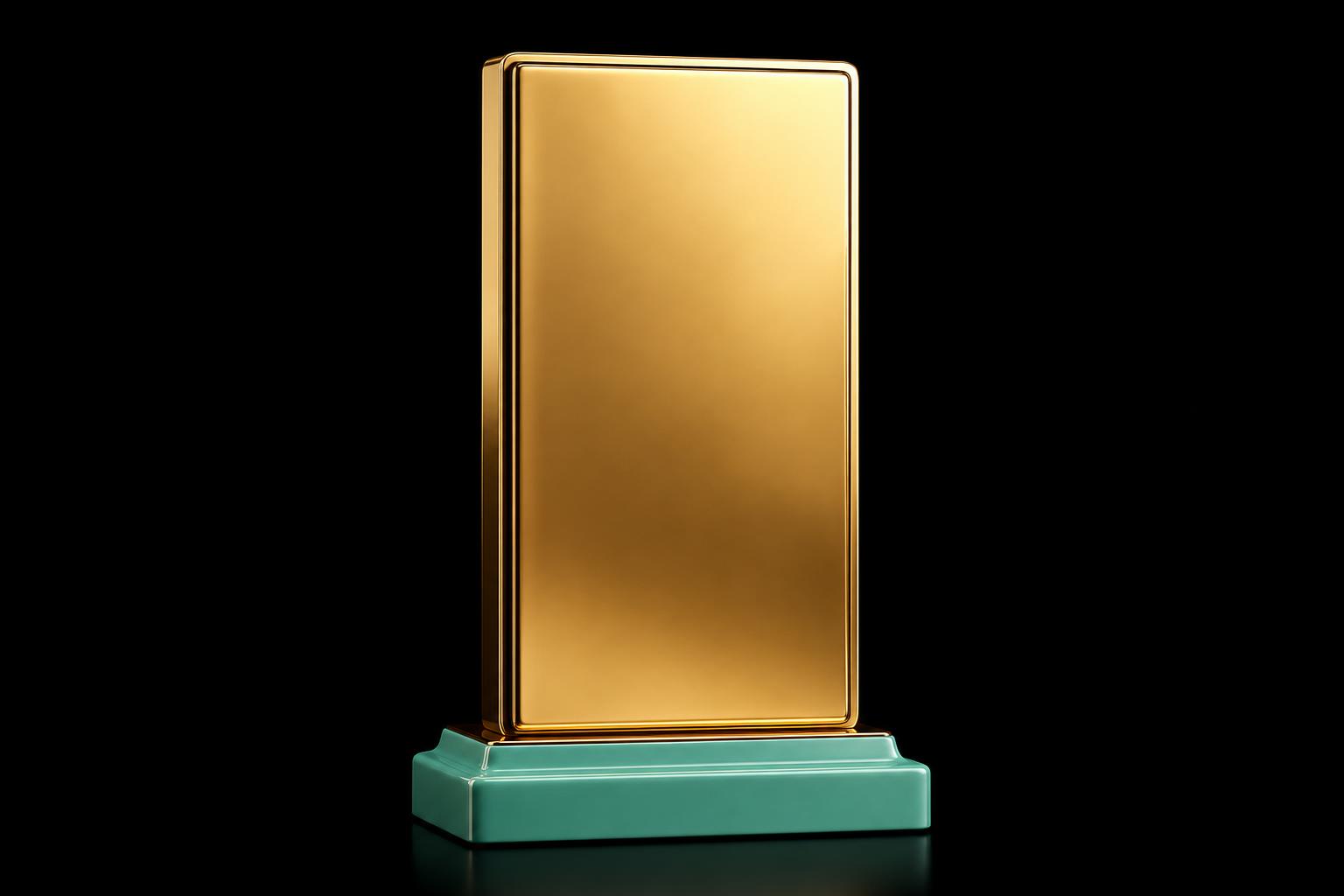 Tall blank polished brass nameplate on a green lacquered base — a deliberately blank monolith as a metaphor for the product title slot.