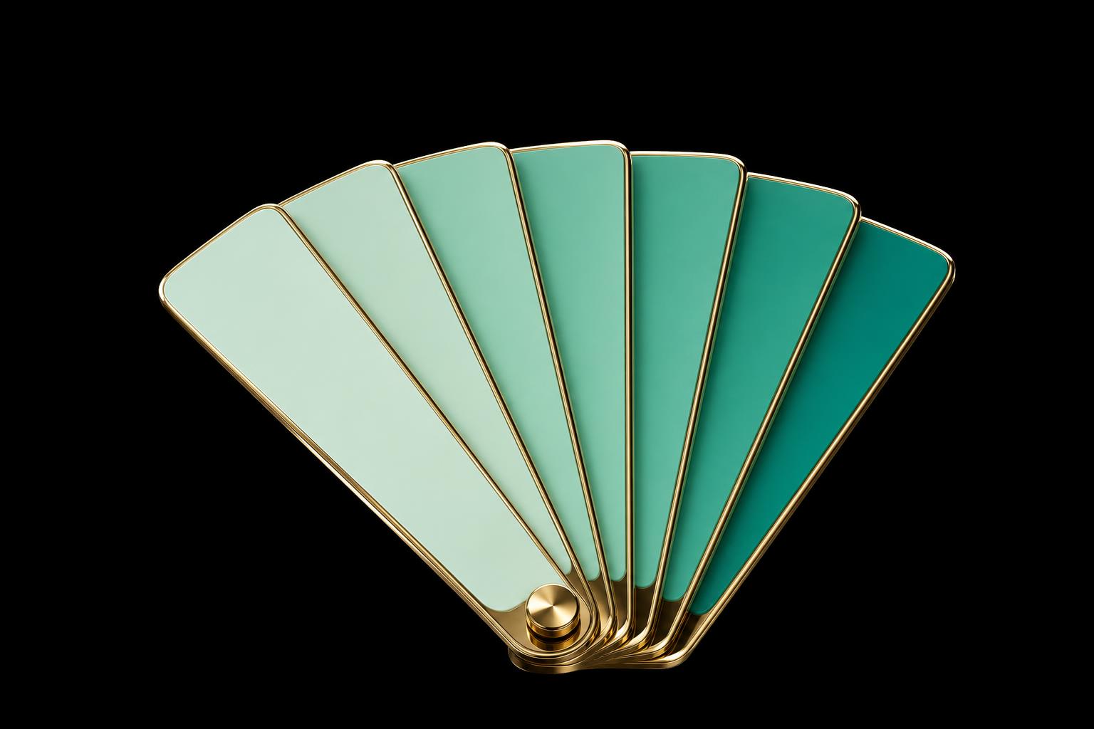 Fanned arc of seven graduated green paint-chip swatches with brass edges on pure black — the variation picker, abstracted as a color fan.