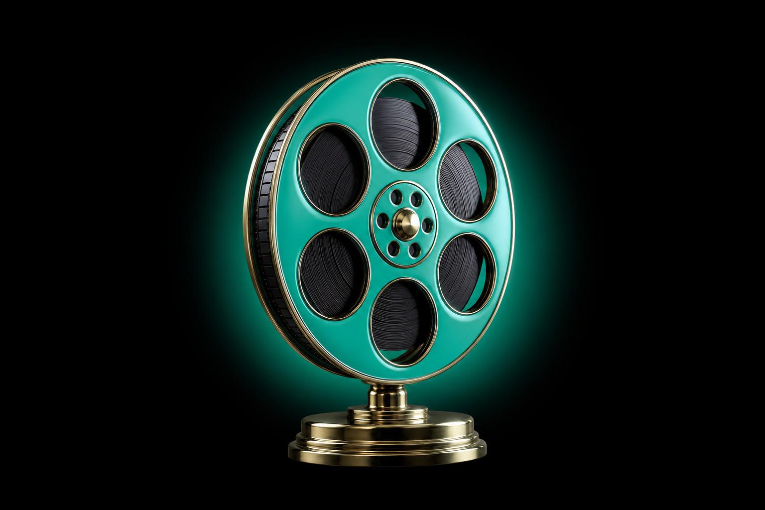 Vintage cinema film reel rendered in green lacquer with brass detailing on a polished pedestal — the video gallery slot, as a craft object.