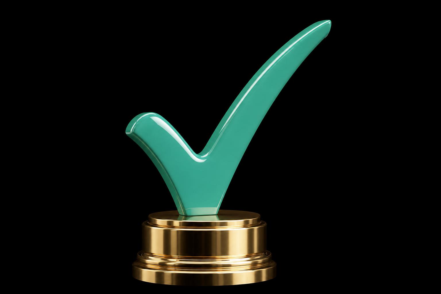 Large green lacquered checkmark on a brass pedestal on pure black — the PDP audit, completed.