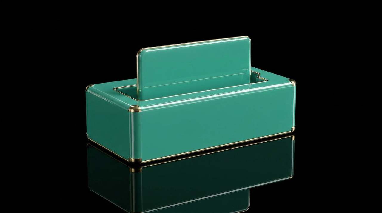 Brass filing drawer half open with mint-teal lacquered file tabs inside, one tab glowing brighter than the rest — the approved category.