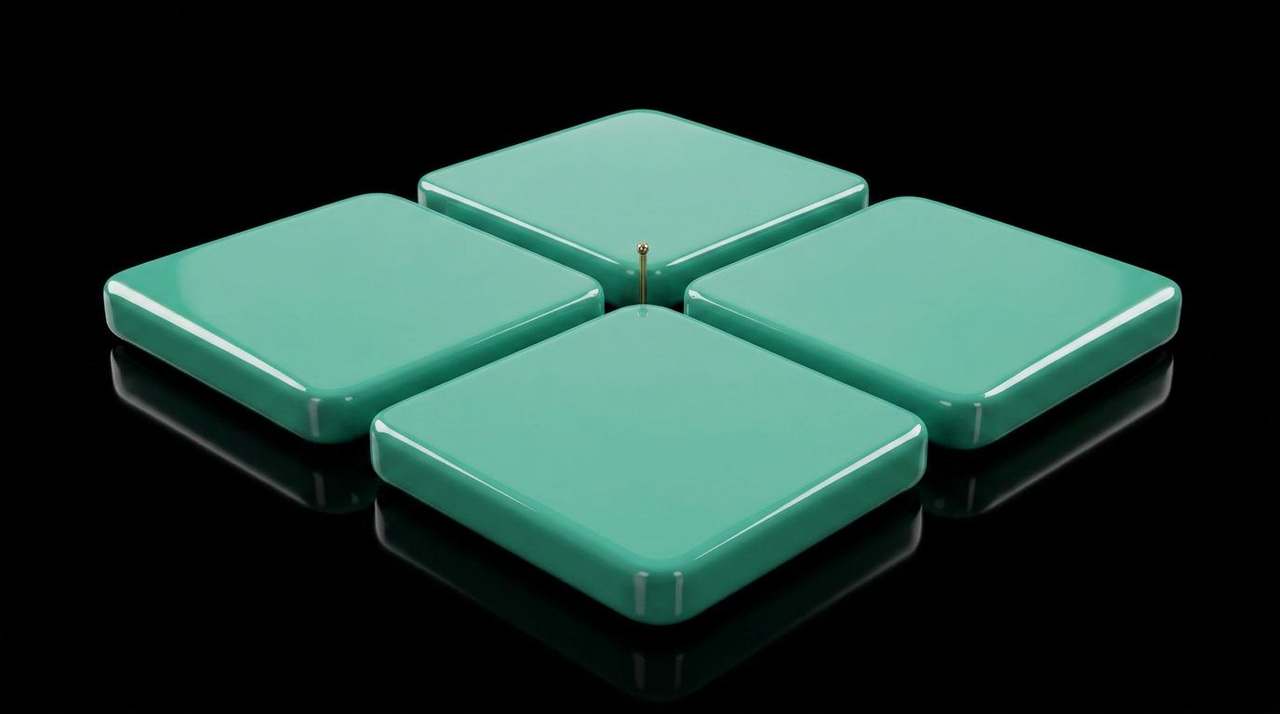 Short stack of polished mint-teal lacquered tiles on a brass tray with the top tile slightly askew — content-creation surfaces, layered.