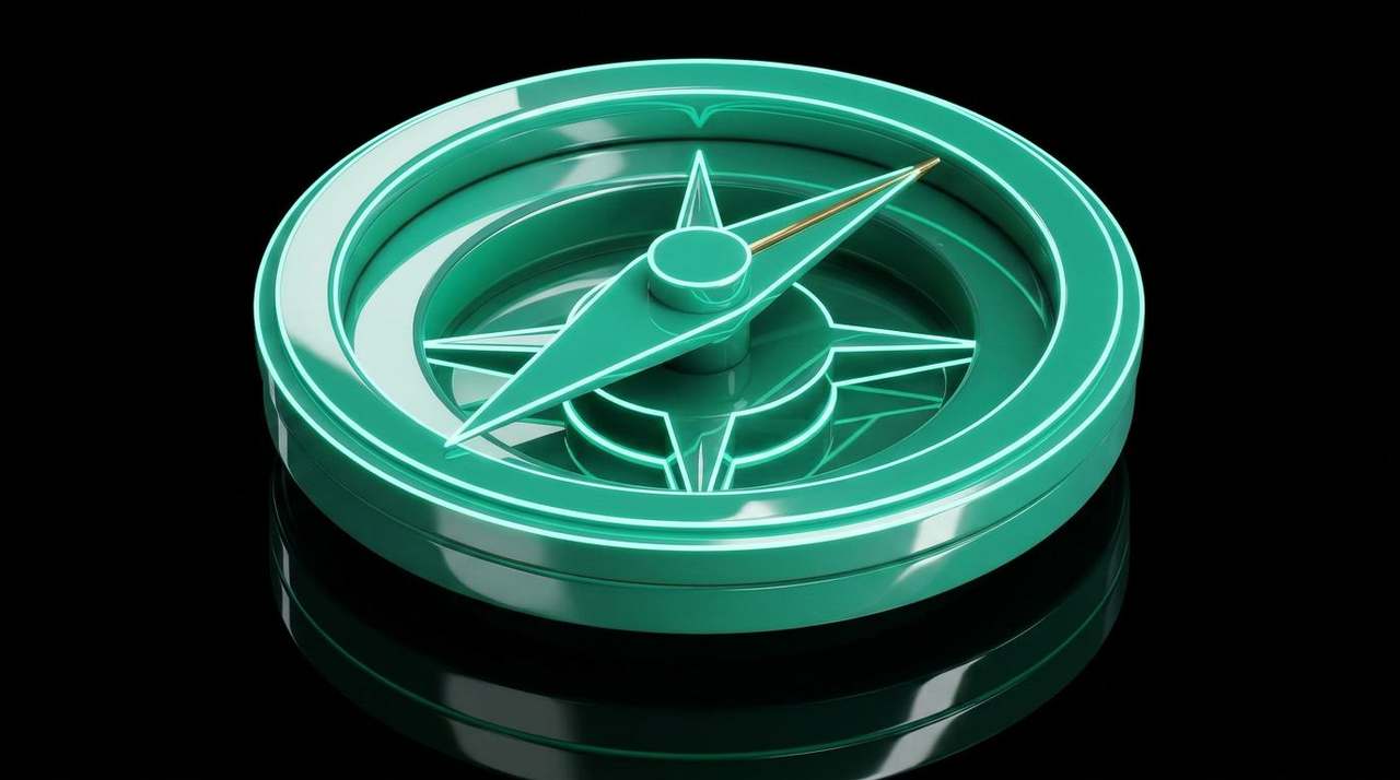 Brass compass with a long mint-teal lacquered needle on a brass pedestal — finding the right category, as navigation.