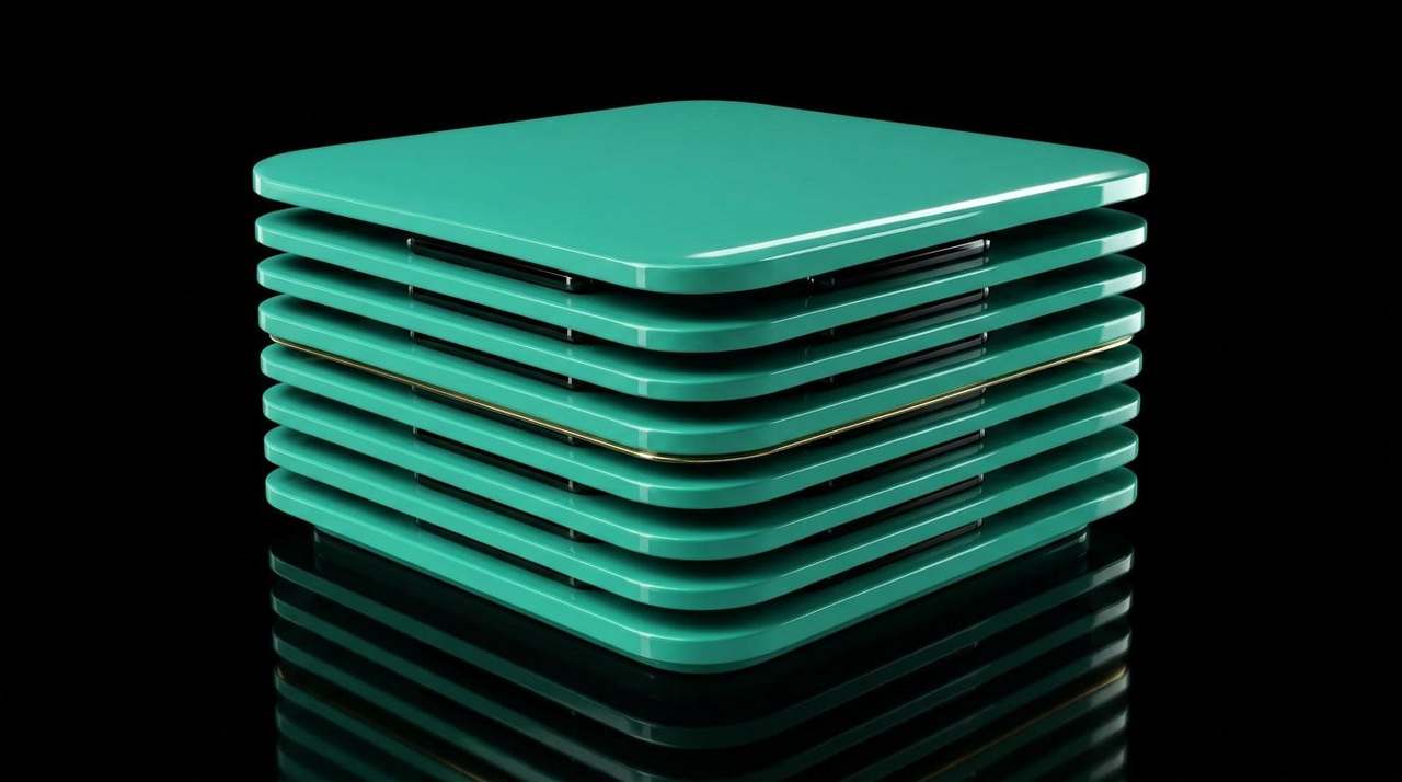 Neat stack of mint-teal lacquered index cards in a shallow brass tray with one card slightly fanned out — a flat-file as a stack of rows.