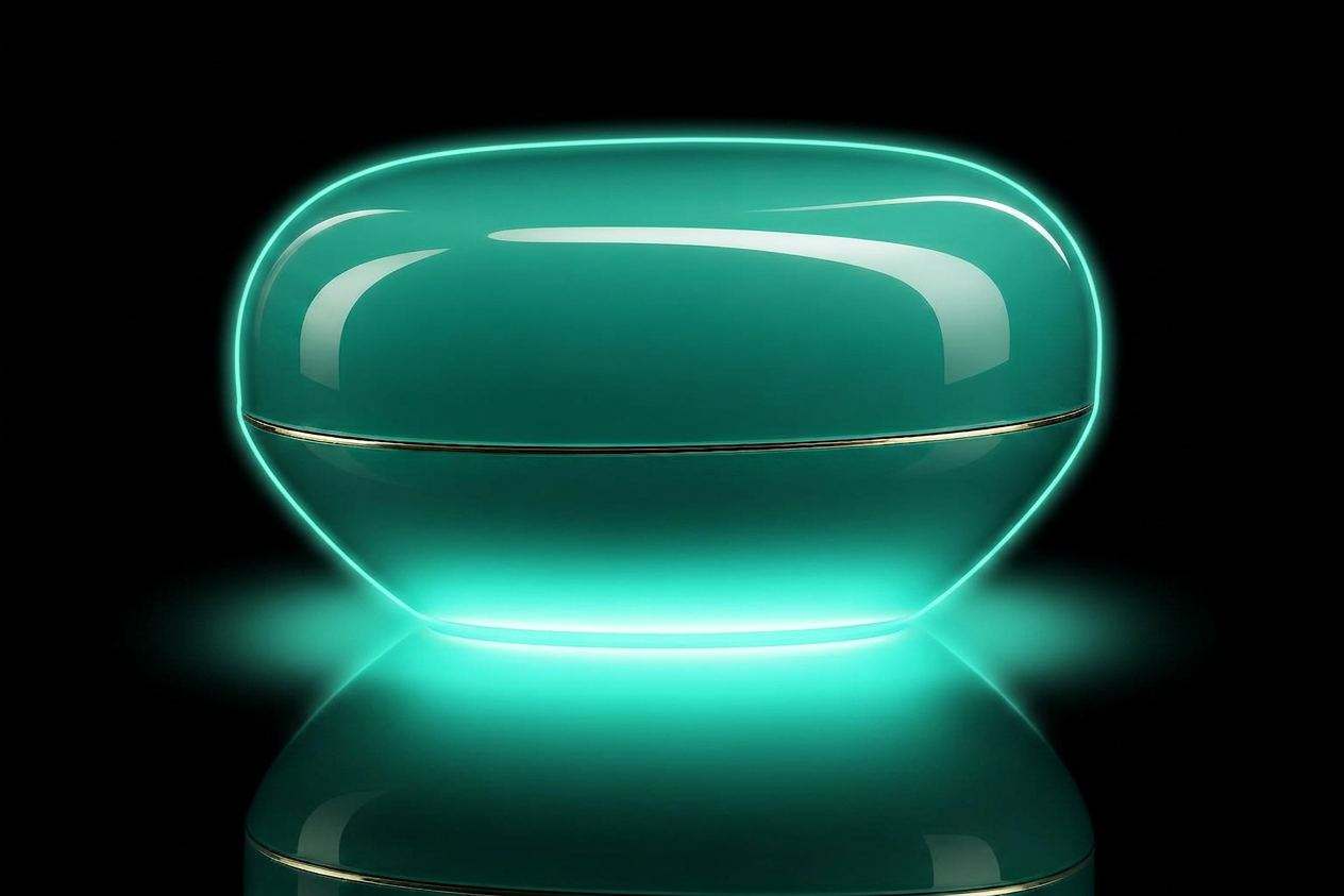 Polished mint-teal lacquered vessel on a brass pedestal on pure black — opening object for Module 4 on creating content in Seller and Vendor Central.