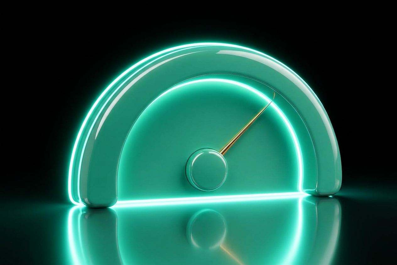 Brass dial gauge with a mint-teal lacquered face and a brass needle pointing to a brighter green sector on a brass pedestal — the Quality Dashboard, as an analog gauge.