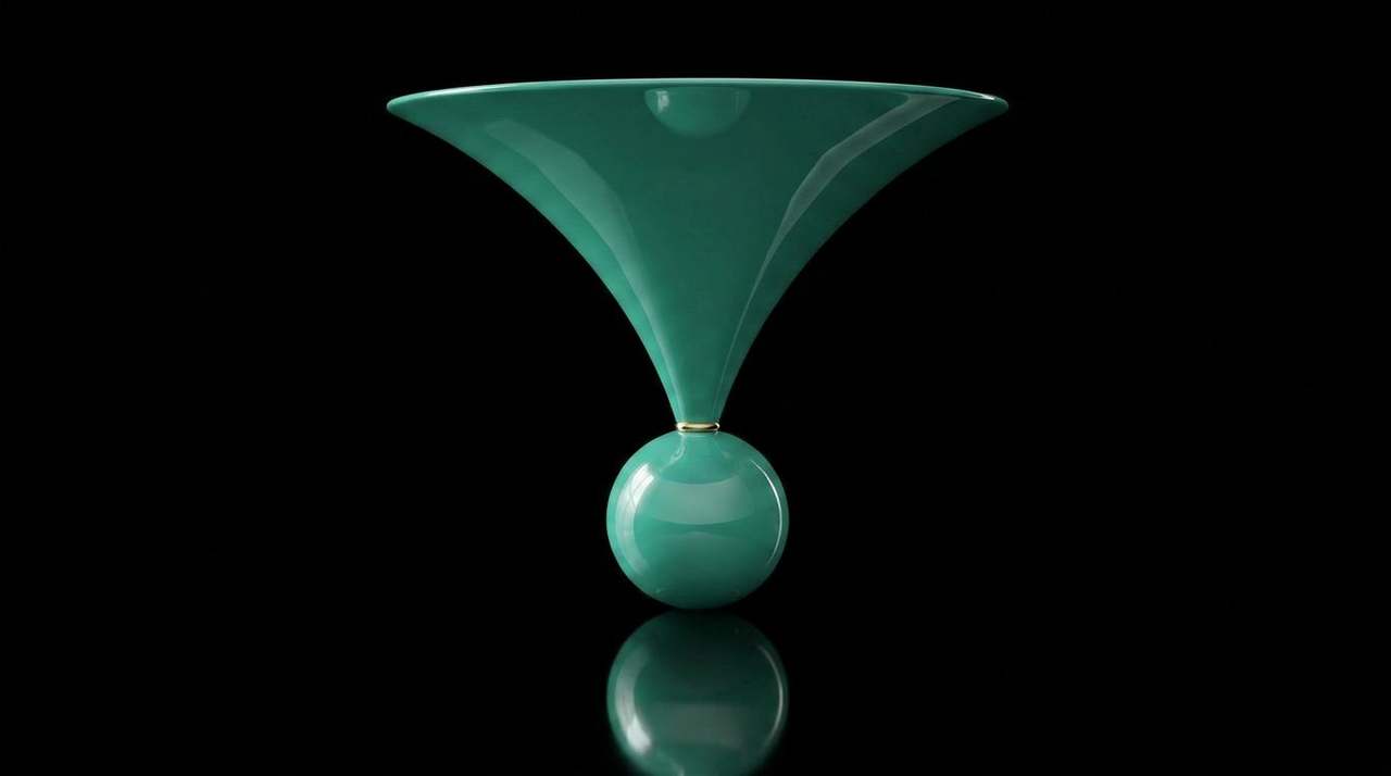 Inverted brass funnel on a brass pedestal with a mint-teal lacquered marble suspended in its mouth — pulling data back from Amazon.