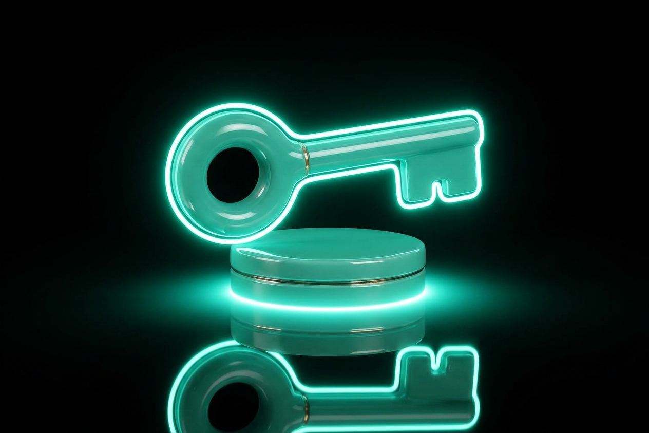 Polished mint-teal lacquered key beside an upright brass slab with a keyhole void — getting access to Seller Central, as a craft object.