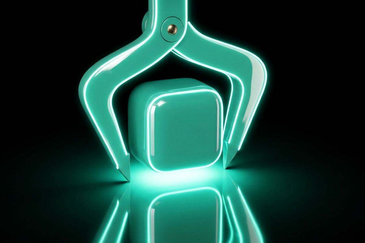Brass calipers gripping a mint-teal lacquered cube on a brass plinth — the Style Guide as a precision-measuring instrument.