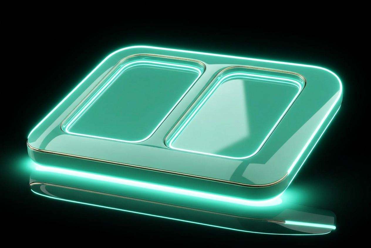 Mint-teal lacquered tablet with three blank brass-rimmed panels side by side on a brass plinth — three marketplace localisations of the same listing.