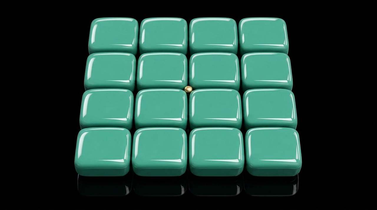 4x4 grid of small mint-teal lacquered tiles in a brass tray with the last tile slightly raised — Module 4's sixteen episodes, collected.