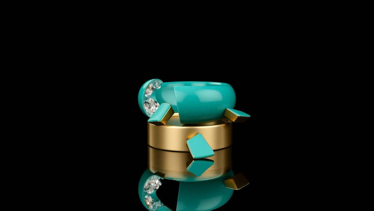 Glossy mint-teal lacquered ring on a brass pedestal with a clean chunk removed from its top arc and mint-teal fragments resting beside it — deleting the parent.