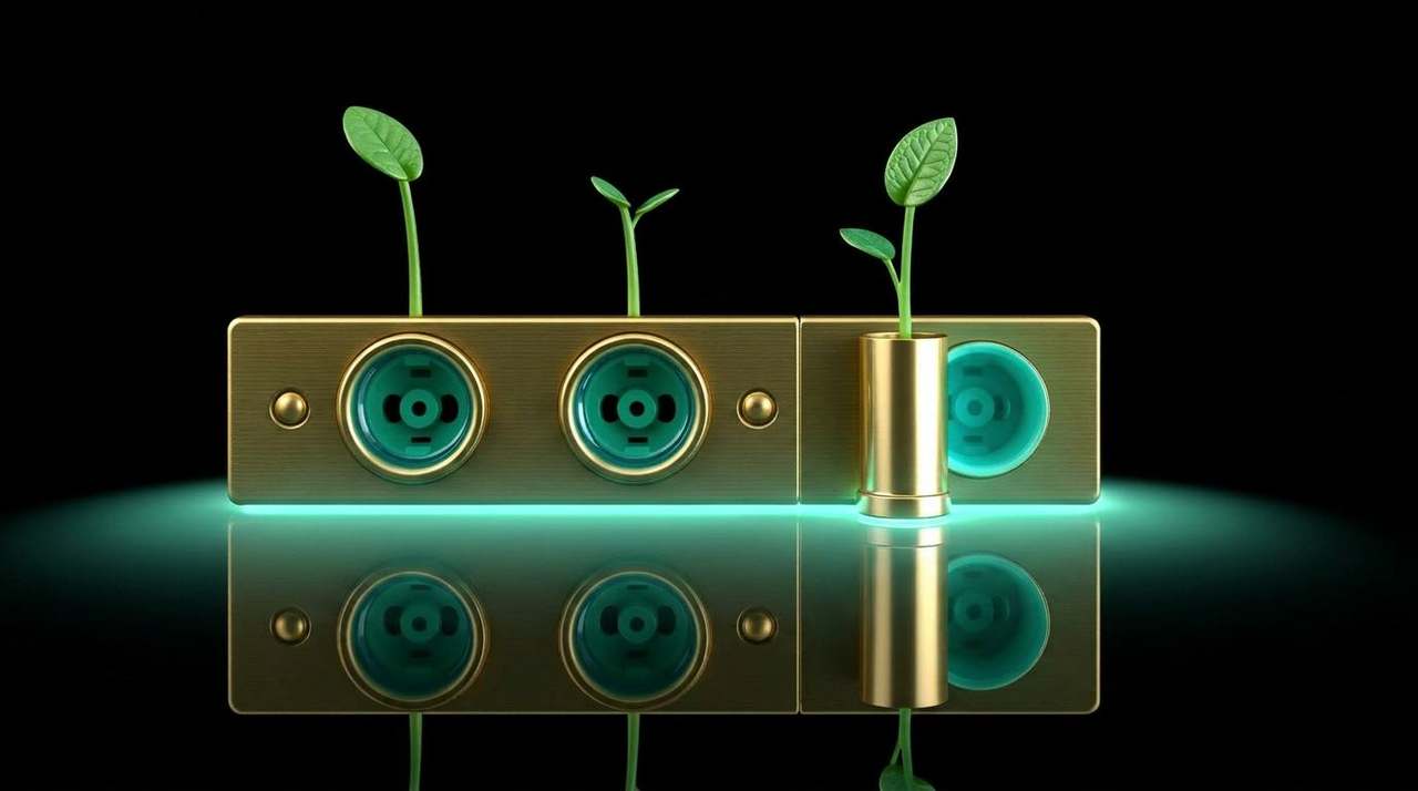 Brass socket strip with three identical mint-teal lacquered seedlings and a fourth brighter sprout emerging from the last socket — a new article in a variation.