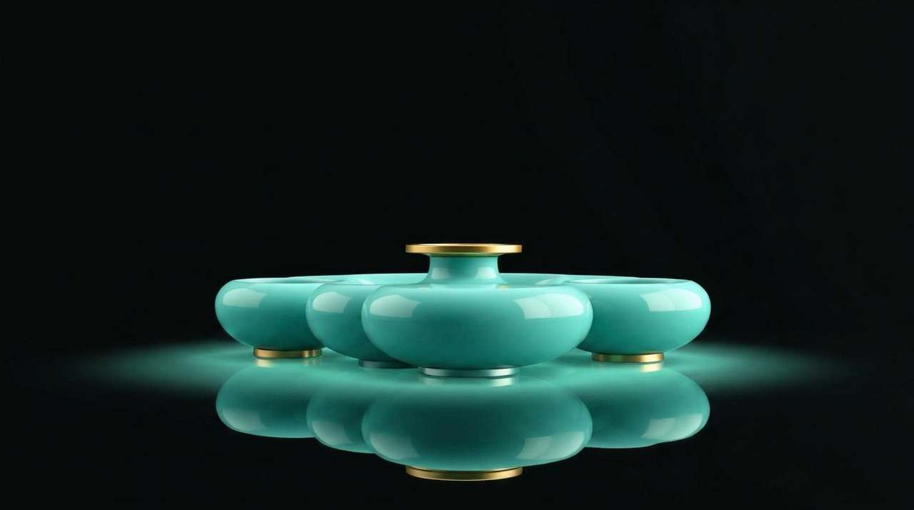 Central glossy mint-teal lacquered parent-vessel on a brass pedestal with three smaller identical mint-teal forms nested around its base — parent and variants created together.